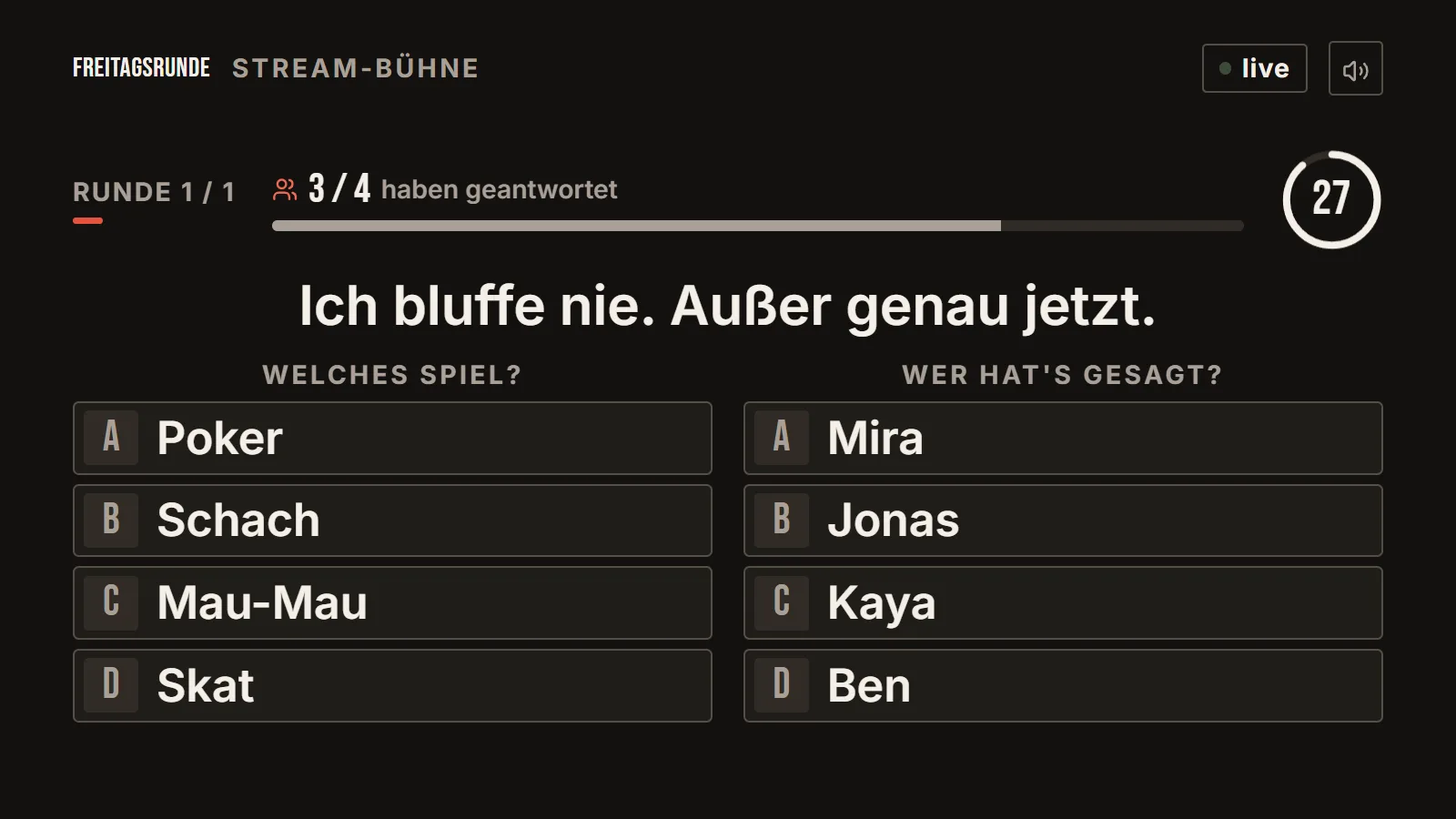 Die Bühne zeigt eine Frage mit vier Antworten und dem Stand der Spieler.