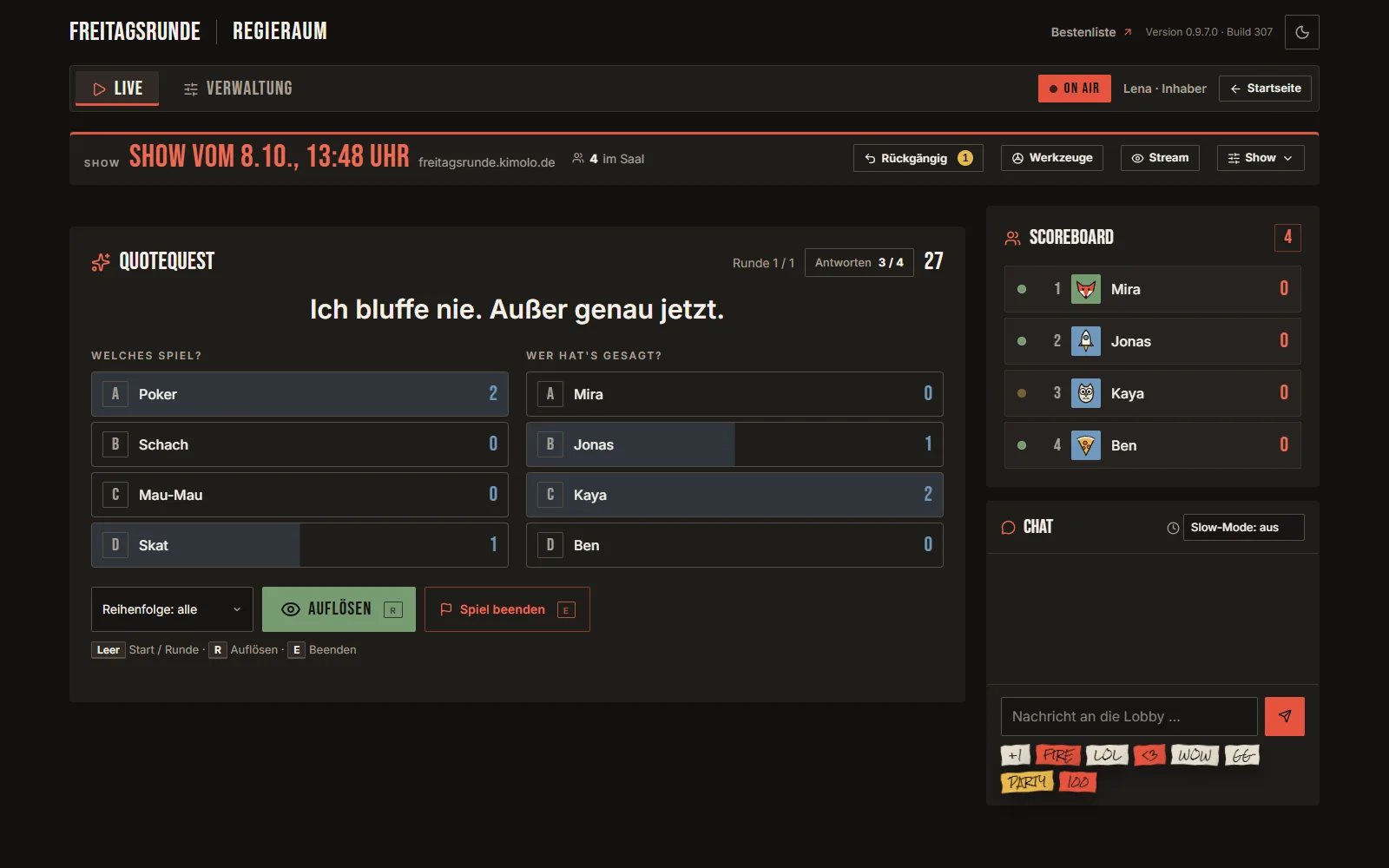 Das Cockpit des Showmasters mit laufendem Spiel, Teilnehmern und Punkten.