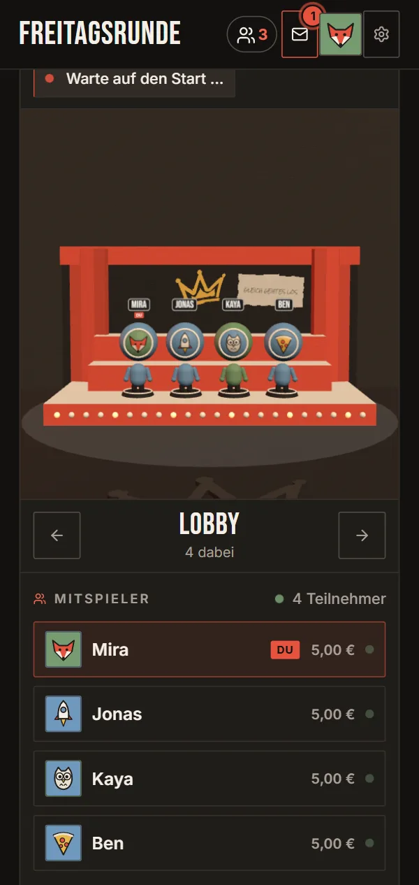 Am Handy: die Lobby der Show, alle Spieler stehen als Figuren auf der Bühne.