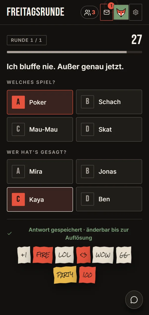 Am Handy: dieselbe Frage mit vier Antwortknöpfen.